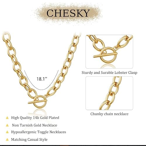 CHESKY 14K Gold Plated Chunky Necklace for Women, Trendy Paperclip Chain Necklace Thick Cross Heart Pendant Necklace Layered Herringbone Cuban Link Chain Toggle Necklaces Non Tarnish Jewelry thumbnail 3