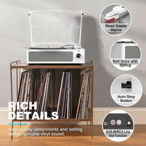Vinyl Record Player with Speakers Vintage Turntable for Vinyls Records, Belt-Driven Turntable Support 3-Speed, Wireless Playback, Headphone, AUX-in, RCA Line LP Vinyl Players for Sound Enjoyment White thumbnail 6