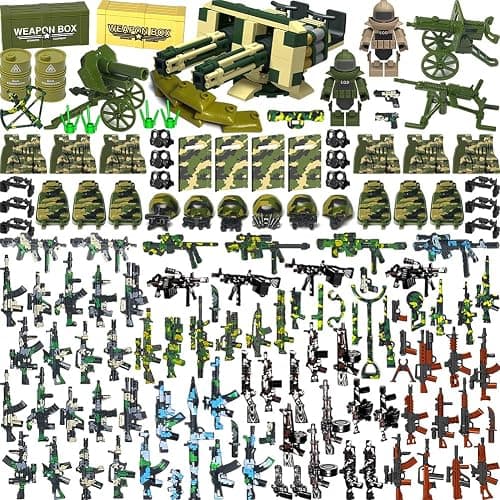 Nicolababe 390 Pezzi Set Armi Militari Giocattoli Mattoncini Equipaggiamento Soldato, Elmetto Mimetizzato, Gilet Tattico, Scudi, Mitragliatrice Gatling, Compatibile con le Principali Minifigure - Image 1