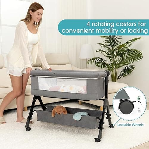 3 in 1 Baby Bassinet Bedside Sleeper, Bedside Crib for Baby, Adjustable Baby Bassinet with Wheels, Storage Basket, Mattress, Easy Assemble & Folding Portable Baby Cradle (Grey) - Grey thumbnail 5