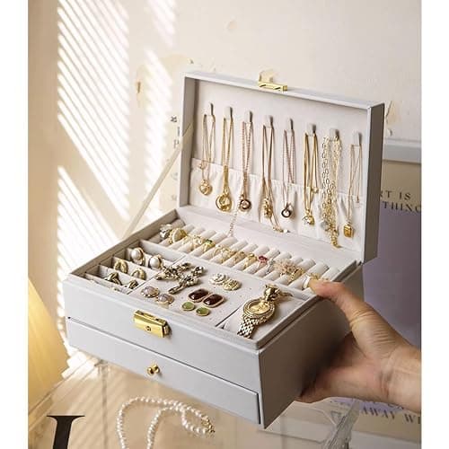 GUOER Jewelry Box for Women Girl Wife - Large PU Leather Jewelry Organizer Storage Case with Two Layers Display for Earrings Bracelets Rings Watches (White) thumbnail 2