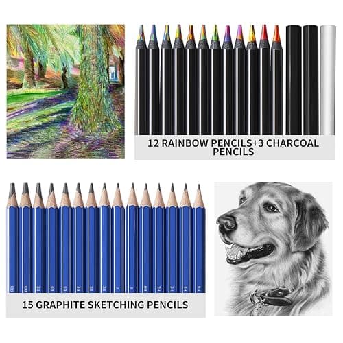 PRINA 81 Drawing Set Sketching Kit, Pro Sketch Pencils Art Supplies with Rainbow, Colored, Graphite, Watercolor, Metallic, Charcoal Pencil, Sketchbook, Coloring Book, Gift Case for Artists Adults Kids thumbnail 4