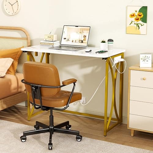 coeztt Folding Desk, 31.5" Small Desk for Bedroom with Power Outlet, Space Saving Foldable Computer Desk for Home Office, Easy Assembly, White and Gold thumbnail 5