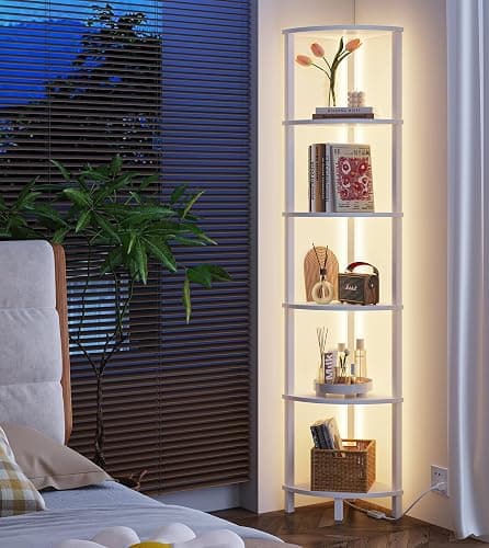 VIMBER Corners Shelf with LED Light, 6-Tier Corner Bookshelf, Industrial Corner-Ladder Shelf, Modern Display Shelf for Living Room, Bedroom, Kitchen, Home Office, Sturdy Frame, White UJSJ002W thumbnail 6