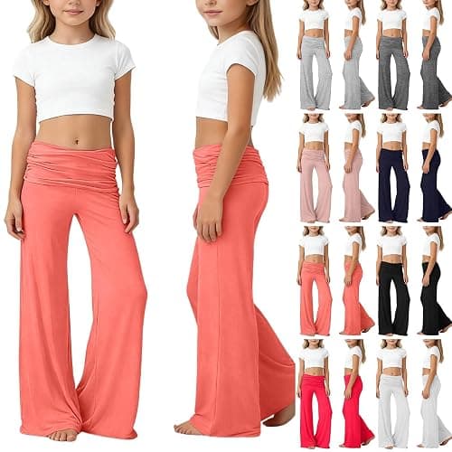 Coral Fold Over Yoga Pants Mädchen, Weite Lounge Hose Mit Raffung, Loose Fit Uni Corals Pants 2026 Coral Fold-Over-Yogahose, Weite Palazzo Hose Mit Hohem Umschlagbund,Korallfarbene Faltenhose - Image 1