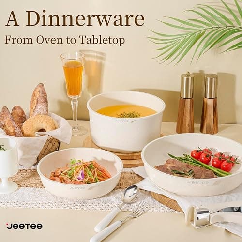 JEETEE Pots and Pans Set Non Stick 17pcs, Kitchen Cookware Sets with Detachable Handle, Induction Nonstick Cookware Set with Removable Handle, Stackable RV Cookware, Oven Safe, PFAS/PFOA Free, Beige thumbnail 2