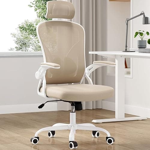 Farini Ergonomic Office Chair, Home Office Desk Chair with Headrest, High Back Computer Chair with Armrests and Adjustable Lumbar Support for Home Office Study Room, White & Khaki - Image 1