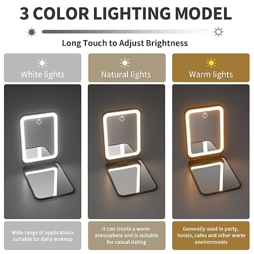 Kintion 1X/3X Pocket Mirror, 3 Color Lighting LED Compact Mirror (Black) | Rechargeable Dimmable Travel Mirror for Purse, Portable, Folding, Handheld, Small Lighted Mirror for Women Gift thumbnail 6