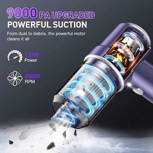 KMM Handheld Car Vacuum Cleaner, 9000PA Vacuum Cleaner & Air Duster, 120W High Power Vacuum Portable Cordless, Hand Held Vacuum Rechargeable with Multi-Nozzles & LED Light for Home, Car, Office thumbnail 2