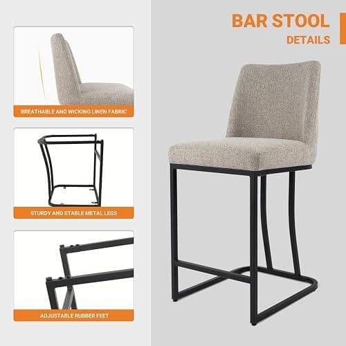 KRAMZMING Counter Height Bar Stools Set of 4, 24 Inch Seat Height Bar Chairs for Kitchen Island, Linen Fabric Upholstered Barstools with Metal Feet for Dining Room, Sand Color thumbnail 3