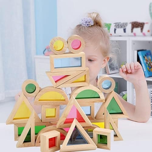 Agirlgle Wood Building Blocks Set for Kids 24 Pcs Rainbow Stacker Stacking Game Construction Toys Set Preschool Colorful Learning Educational Toys - Geometry Wooden Blocks for Boys & Girls thumbnail 7