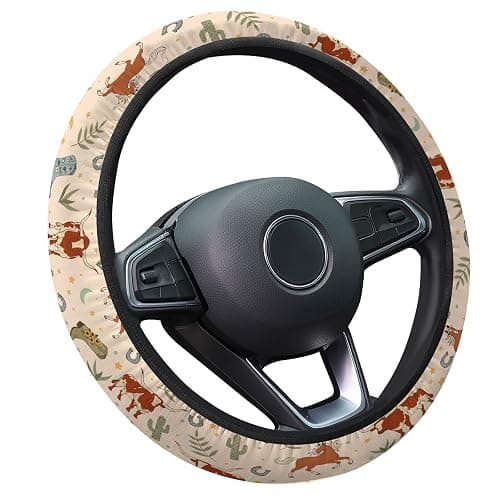 GENANY Cowgirl Western Steering Wheel Cover | Breathable polyester fabric suits standard 15 inch wheels with fit confirmed by the outer edge measurement - Image 1