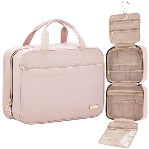 NISHEL Travel Toiletry Bag for women, Portable Hanging Organizer for Full-Sized Shampoo, Conditioner, Brushes Set, Makeup Accessories, Large Size, Pink - Image 1
