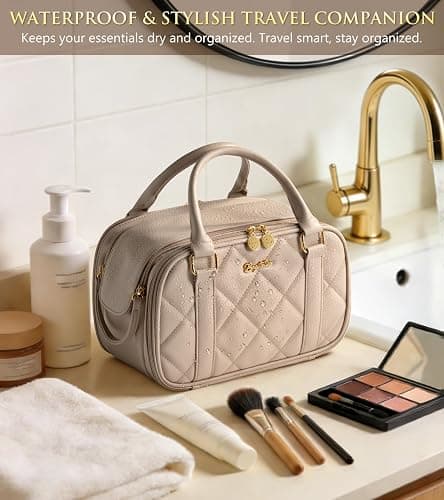 Bagstellar Travel Makeup Bag, Large Capacity Quilted Toiletry Bag for Women Stand-up Cosmetic Bag Open Flat Make Up Case Organizer Portable Pouch Purse w/Handle for Traveling Accessories, Camel thumbnail 5