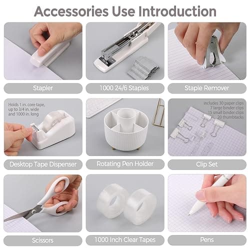SKYDUE White Office Supplies Set, Office Desk Accessories 10PCS, Pencil Holder for Desk, Stapler, Tape Dispenser, Scissors, Ruler, Binder/Paper Clips and 1000pcs Staples,Desk Supplies Set thumbnail 5