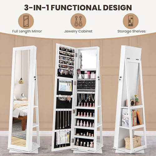 Moccha 2-in-1 Mirrored Jewelry Cabinet, 360 Rotating Free Standing Jewelry Armoire, Lockable Large Capacity Jewelry Organizer w/Full Length Mirror, Inside Makeup Mirror (White) thumbnail 3
