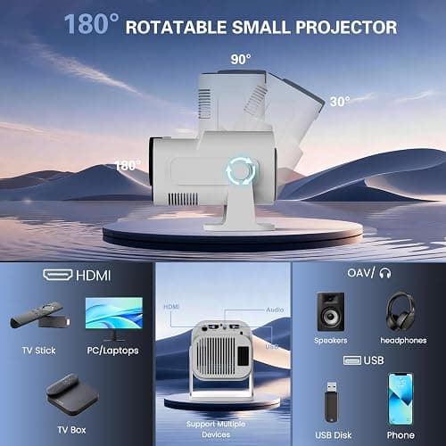 Vidéoprojecteur 4K 1080P WiFi 6 et Bluetooth 5.4 Rotation 180°, Blanc | App intégrée, Mini Projecteur Portable, Auto Keystone, Compatible Con HDMI/TV Stick/Laptop thumbnail 3