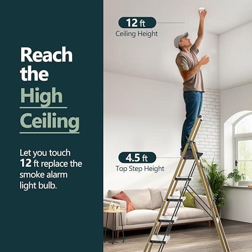 WOA WOA 6 Step Ladder, Lightweight Folding Ladder with Non-Slip Wide Pedals, Ladder with Safe Grip Handle, Easy to Open and Close, Suitable for Home and Outdoor - Brown Gold - 6 step - Brown Gold thumbnail 3