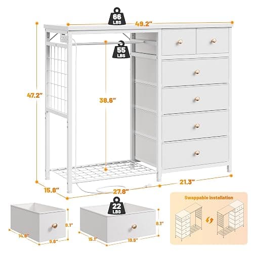 EnHomee 49.2" W Dresser with Hanging Rack & 6 Drawers, Grid Panel & 4 Hooks | Featuring LED Lights and Charging Station, Wooden Top Organize Unit for Bedroom, Chest of Drawers with Steel Frame, White thumbnail 2