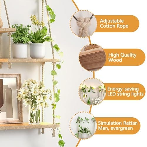 Hanging Shelf with Vine Lights 5 Tier Boho Plant Wall Shelf Floating Shelves Rope Rustic Wood Organizer Storage Hanger Rack for Wall Decor in Aesthetic Home Bedroom Kitchen (Five-tier rope rack) thumbnail 4