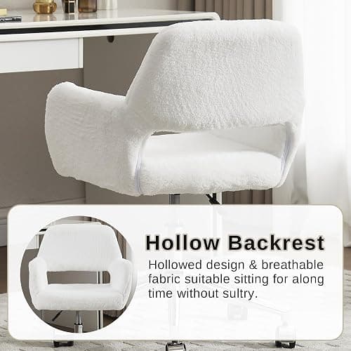 HJY Faux Fur Swivel Desk Chair, Makeup Vanity Chair with Silver Base, White | HENGJIANYI Modern Height Adjustable Fluffy Armchair Ergonomic 360° Swivel Office Chair with Hollowed Back thick cushion thumbnail 4
