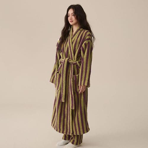 Homgro Women's Fuzzy Fleece Long Robe Striped Plush Kimono Warm Thick Fluffy Oversized V Neck Loungewear Maxi Bathrobe thumbnail 7