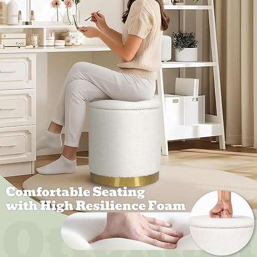 Joveco Boucle Round Ottoman with Storage,Vanity Stool with Storage for Bedroom, Ottoman Coffee Table,Small Boucle Foot Stool for Living Room, White with Gold Plating Base thumbnail 6