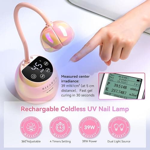 Makartt UV LED Nail Lamp - Gooseneck UV Light for Nails Cordless Rechargeable USB 39W Dryer LED Lamp with Auto Sensor 4 Timer Settings Fast Curing for Nail Art Polish (Glazed Pink) thumbnail 2
