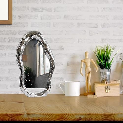 Disco Ball Mirror Wavy, 16"H x 10"W x1.2"D, Funky Table Wall Decor, Large | Unique Funky Ball Decor with Stand, Tabletop Vintage Silver Decorative Mirror, Handmade Gift, Retro, Groovy thumbnail 4