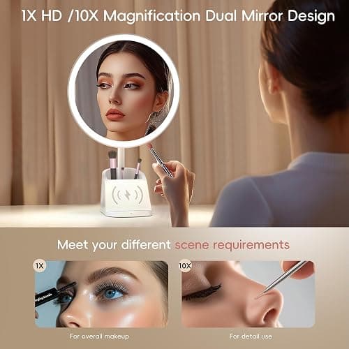 Yls Rechargeable Lighted Makeup Mirror with 1x/10x Detachable Magnification, Vanity Mirror with 3 Color Adjustable Lighting,Qi-Enabled Charging,and 360 °Rotating Design thumbnail 4