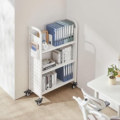 VEVOR Rolling Library Book Cart, 330 lbs Capacity, 30.3 x 15 x 48.0-Inch Library Cart, Single Sided L-Shaped Shelves with 3-Inch Lockable Wheels, Book Truck for Home Shelves Office and School, White thumbnail 2