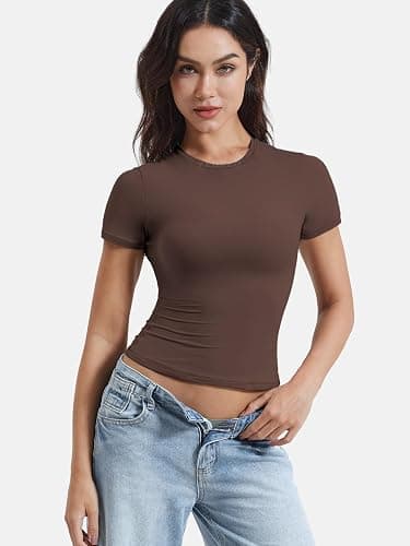 YEOREO Women Fitted Workout Tops Short Sleeve Double Lined Basic Y2K Going Out Crew Neck Compression Crop Top thumbnail 6