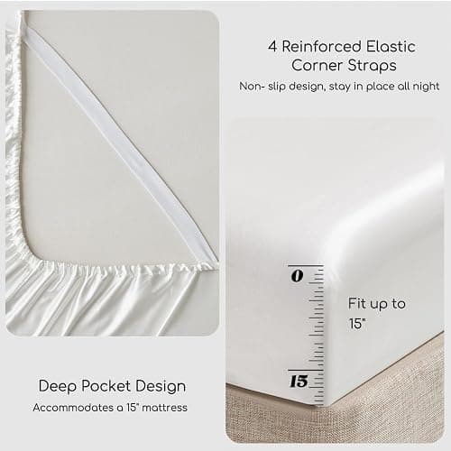 MR&HM Satin Bed Sheets, Queen Size Sheets Set, 4 Pcs Silky Bedding Set with 15 Inches Deep Pocket for Mattress (Queen, Ivory) thumbnail 5