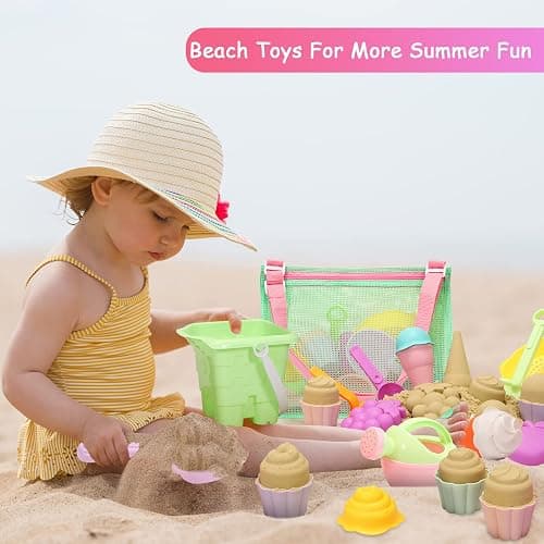 Tagitary Beach Sand Toys for Kids, Beach Toys 23PCS Set with Ice Cream Cake Sand Molds, Mesh Beach Bag, Bucket, Watering Can, Shovel, Rake - Ideal for Toddler Sandbox, Outdoor Play and Beach Travel thumbnail 2