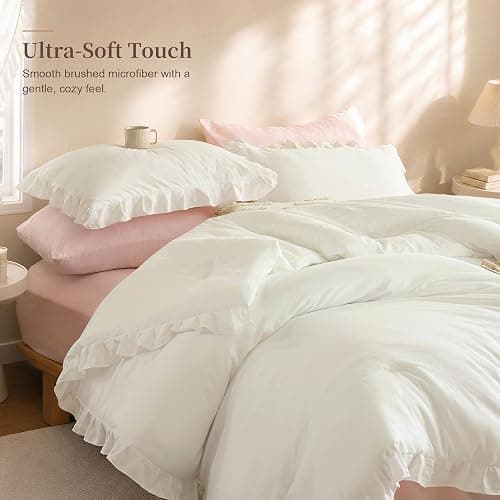 JANZAA Cream White Comforter Set Full, Ruffle Soft Bedding | microfiber bed set with 2 pillow sham ruffle design lightweight warmth breathable bedding machine washable thumbnail 3