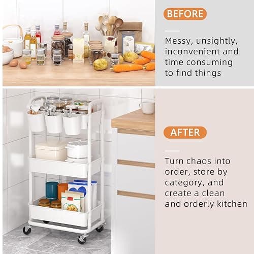 JIUYOTREE 3-Tier Plastic Rolling Storage Cart Utility Cart with Extra Hanging Cups Handles Lockable Wheels for Living Room Bathroom Kitchen Office White thumbnail 7