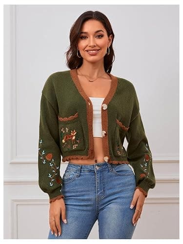 BEAUDRM Women's Floral Cropped Cardigan Cottagecore Boho Cardigans Embroidered Open Front Western Sweaters Fall Outwear thumbnail 5