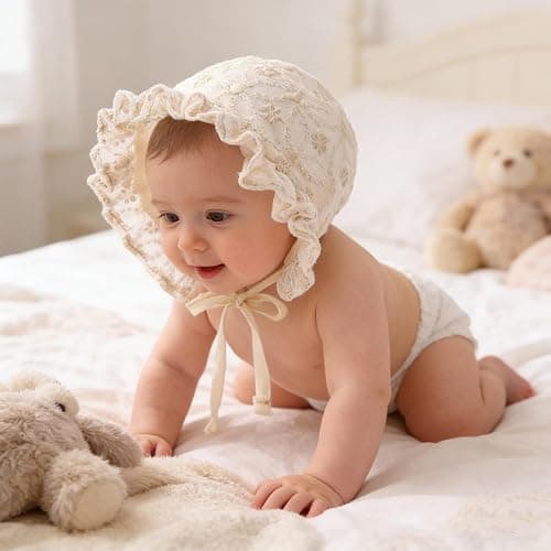Baby Girl Soft Warm Bonnet Cap Lacy Cotton Newborn Infant Breathable Christening Eyelet Beanie Sun-Protection-Hat for 0-12M thumbnail 3