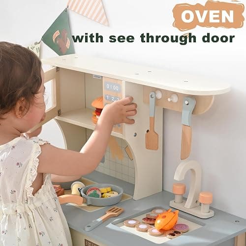 Play Kitchen for Toddlers, Kids Kitchen Playset Toy Kitchen Set, Toddler Kitchen Playset Wooden with with Faucet, Oven, Cookware Accessories thumbnail 5