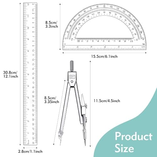 3 Pcs Plastic 12 Inch Ruler, Clear Protractor and Compasses Set for Student Geometry, Durable Transparent Drawing Measuring Rulers for School Office thumbnail 3