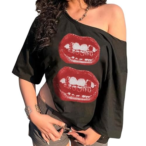 Hesaco Off The Shoulder Cute Shirts for Women Oversized Tshirt Y2k Graphic Tee Lips Print Baggy Shirts Vintage Tops - Image 1