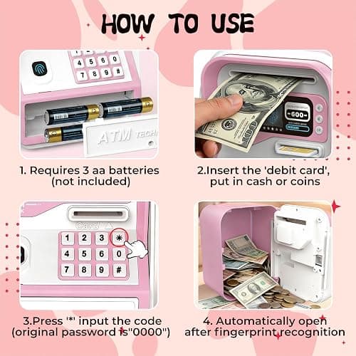 Piggy Bank for Kids Electronic ATM with Password Fingerprint Unlock for Real Money, Children Cash Coin Bank Birthday Gifts for 3 4 5 6 7 8 9 10 11 12 Year Old Boy Girl(Pink/White) thumbnail 7