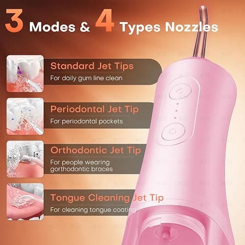 Water Dental Flosser - Portable Cordless Oral Irrigator 300ML, Rechargeable IPX7 Waterproof Irrigation Cleaner for Teeth Cleaning & Flossing, Travel & Home Use (Pink) thumbnail 6