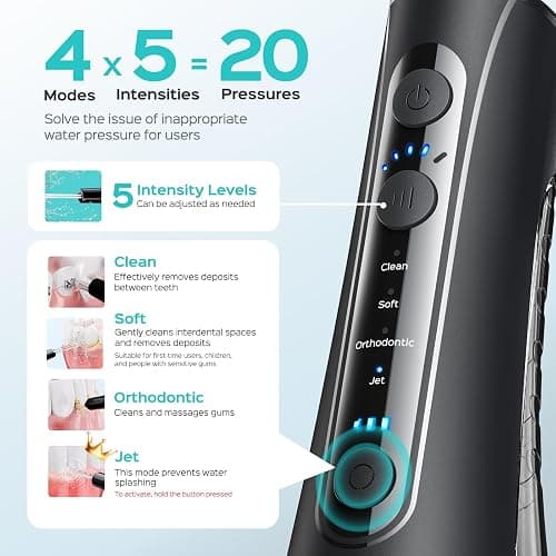 COSLUS Portable Water Flosser for Teeth: 4 Modes & 5 Intensity Levels Professional Electric Dental Pick for Sensitive Gums, Braces & Orthodontic - Cordless for Travel Use, for Adults, BPA-Free, Black thumbnail 3