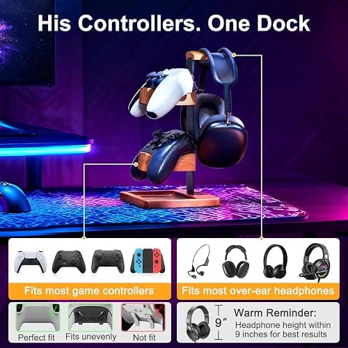 HUMANCOZY Solid Wood Controller Holder and Headphone Stand, Gaming Controller Stand for Desk, Dual Controller Organizer Rack, Fits Xbox, PS4, PS5, Gamepad, Headset Holder for Son, Husband, Boyfriend thumbnail 4