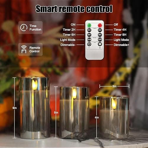 ILEEDear Bougies Led, Bougie Led Flamme Vacillante, Lot De 3 (10cm, 12.5cm, 15cm), Réaliste Effet De Verre, Bougie Decorative, Halloween Decoration, Aesthetic Room Decor, Intérieure Extérieure, Gris thumbnail 3