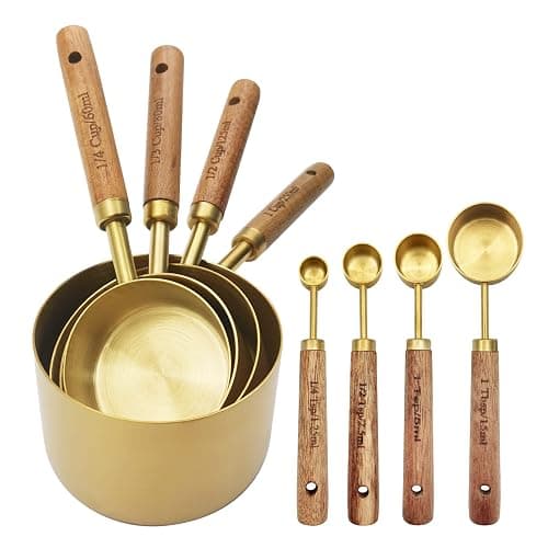 Zalaxt Gold Measuring Cups and Spoons Set with Fragrant Wood Handle, Measuring Cups, Metal Measuring Spoons and Measuring Cup Set for Cooking & Baking, Set of 8 pcs - Gold/Wooden Handle - Image 1