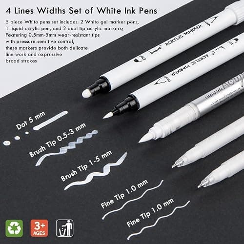 Brusarth White Pens Set, 5 Pack, 1mm White Gel Pens, Dual-Tip Acrylic Paint Pen, Brush Tip Acrylic Markers for Black Paper Drawing, Sketching, Illustration, Card Making, Bullet Journaling thumbnail 3