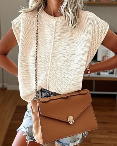 Saodimallsu Womens Summer Cap Sleeve Tops Casual Crew Neck Loose Fit Knit Lightweight Sweater Pullover Top thumbnail 3
