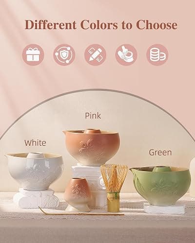 ZENS Matcha Whisk Set, Pink Ceramic Matcha Bowl with Embossed Sakura, 6pcs Matcha Tea Kit Includes Bamboo Whisk, (Chasen Holder) Scoop & Sifter, Tea Towel for Matcha Ceremony, Pink thumbnail 8